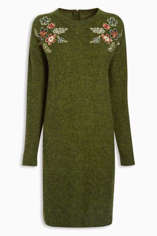 Khaki Floral Embroidered Dress